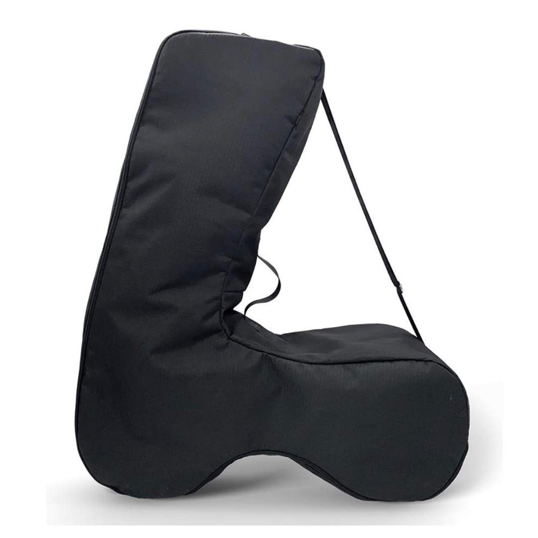 Black padded bag for transporting an Overland Carbon Fiber Rollator, shown upright. It features a structured, contoured design to fit the rollators shape and includes a strap for easy carrying.